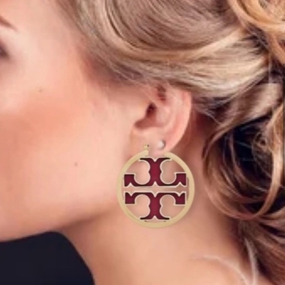Tory Burch Red Enamel and Gold Miller Logo Earrings - Picture 2 of 6